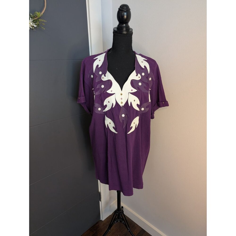 Vintage Philip Noel Funky Purple Top W/ White Applique & Pearl Accents - OS